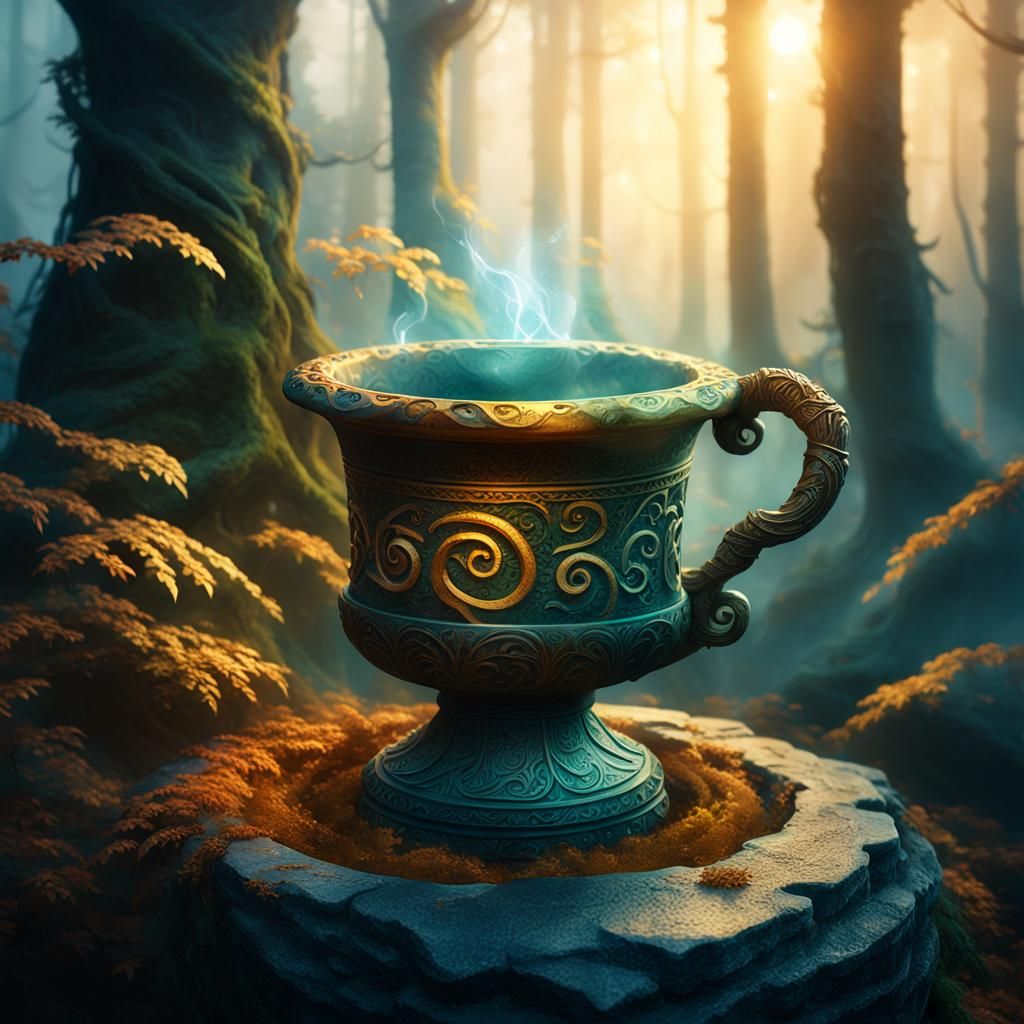 Mystic Coffee Cup in Dimly Lit Forest