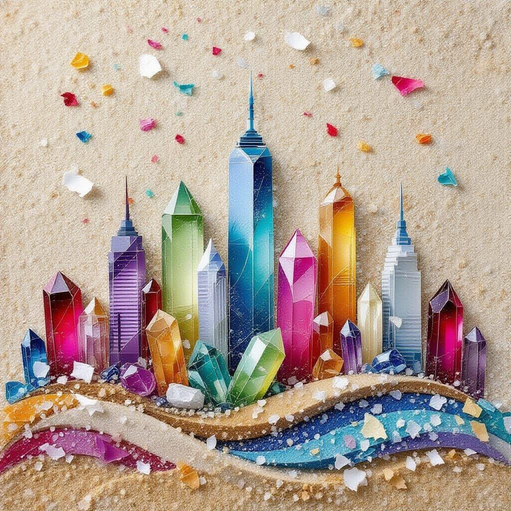 Cityscape Made of Crystal, Paper, and Sand