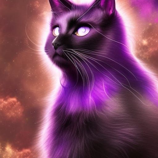 Black cat with purple stripes& purple eyes& ethereal vibes& magical vibes& cosmic background that shimmers& glitters