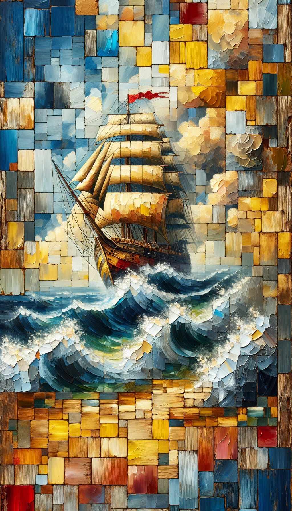 Abstract Ship on Stormy Sea in Oil on Wood