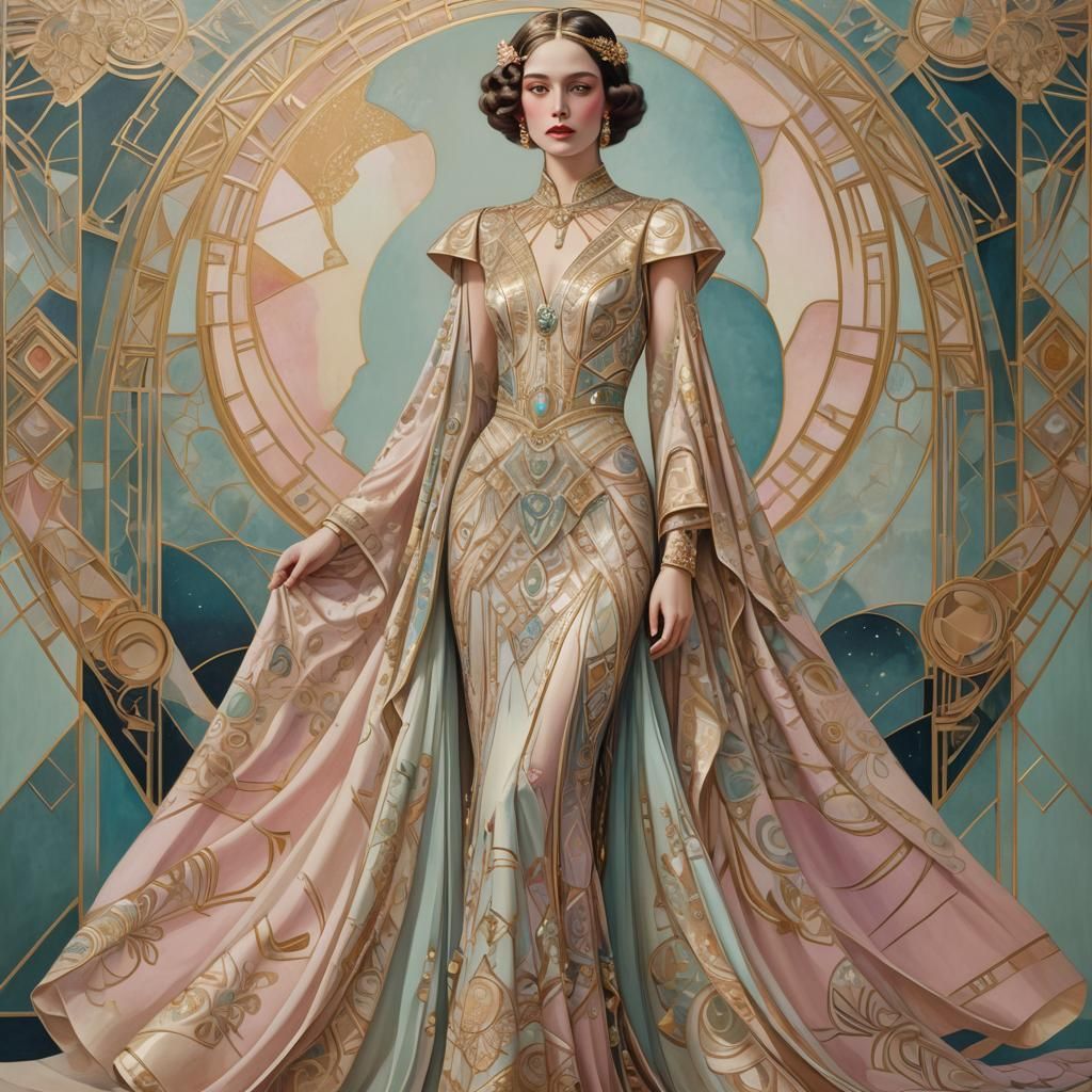 Elegant Woman in Art Deco Gown with Gold Embellishments