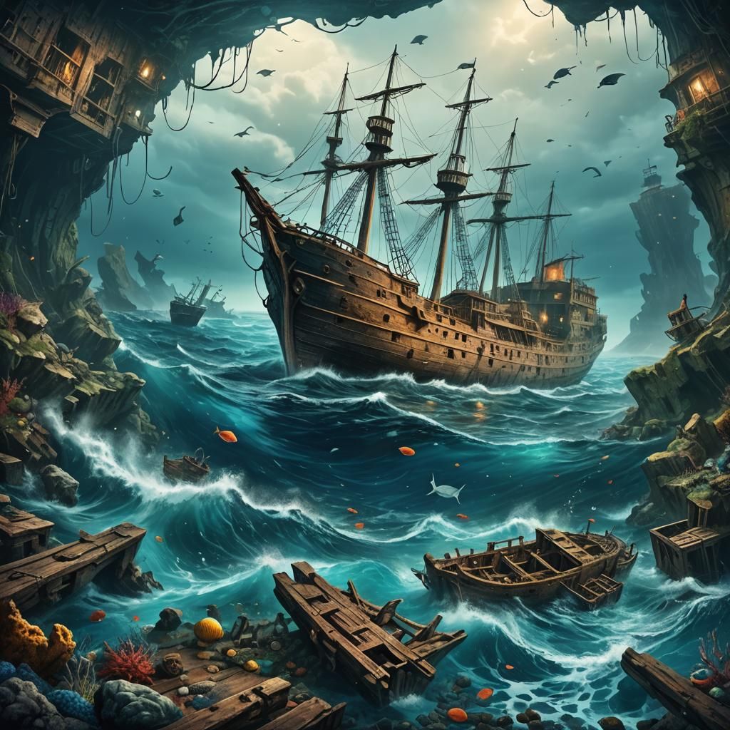 Colorful Fantasy Shipwreck Beneath the Deep Sea