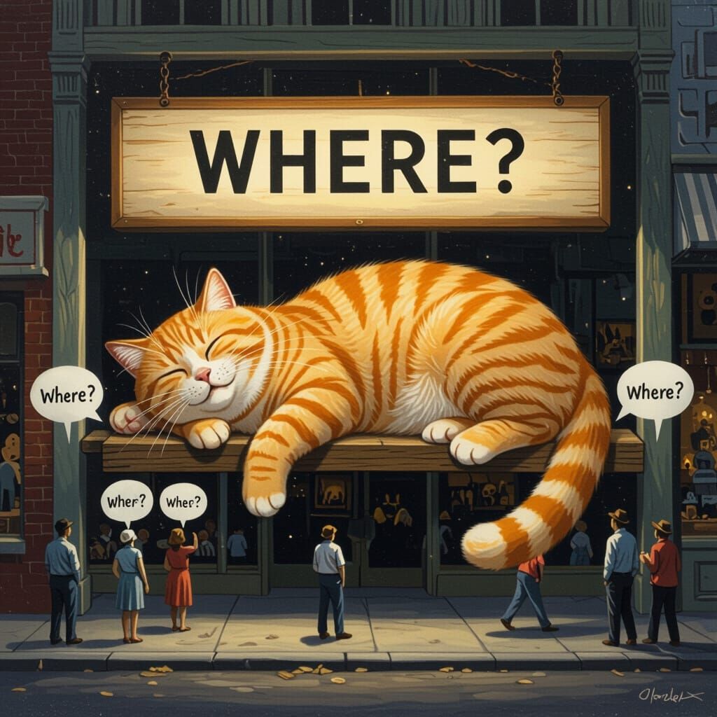 Australian Tonalism Cat Artwork: A Town Searches