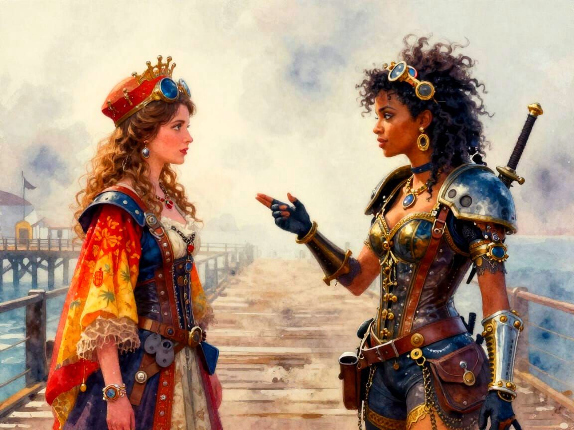 Cyberpunk and Steampunk Queens Meet on Foggy Pier in Waterco...
