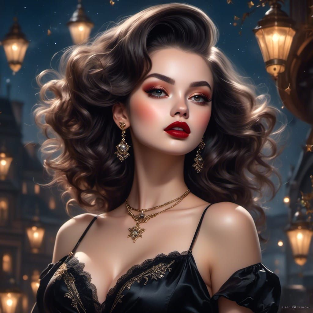 Beautiful Woman in Night Setting with Starry Background