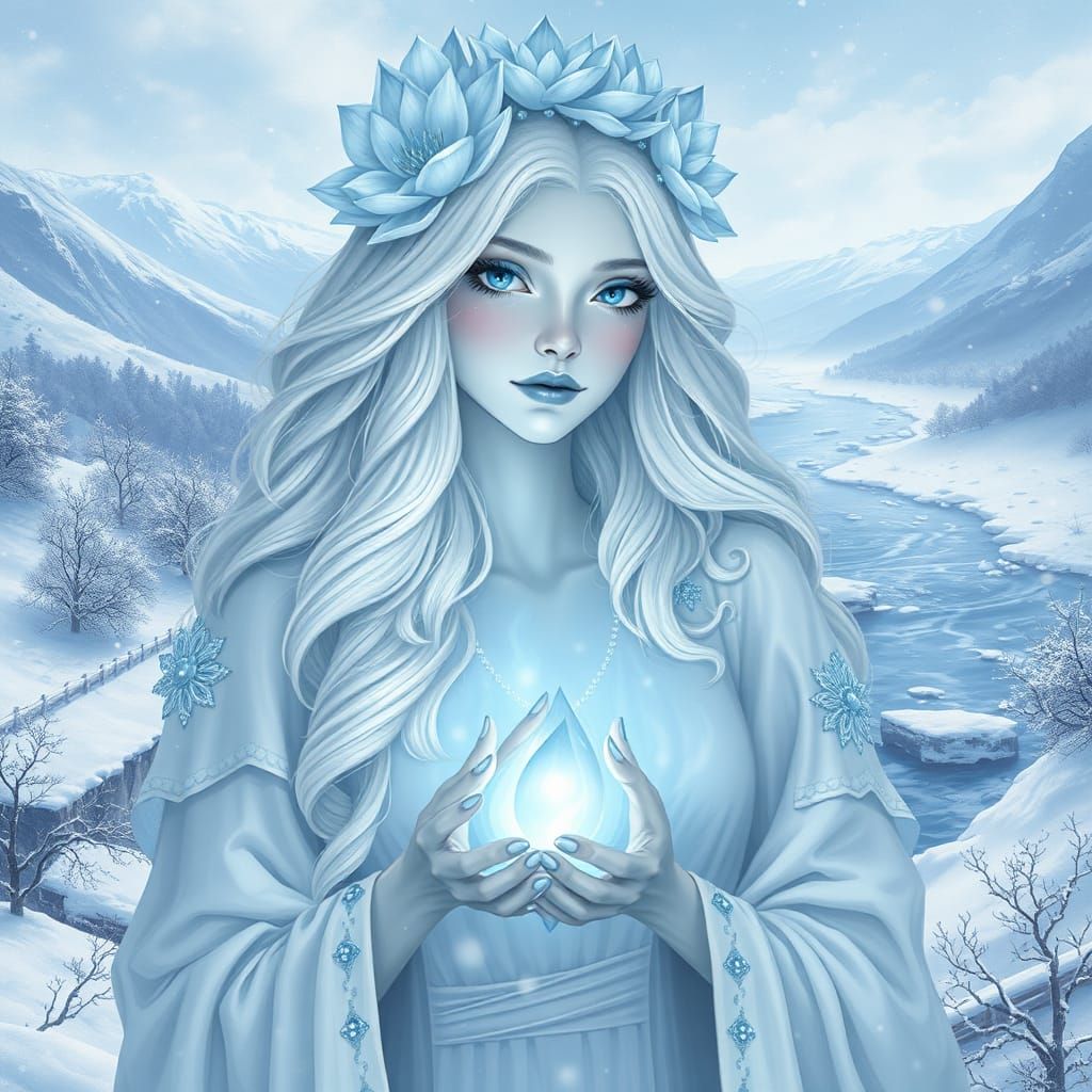 Ethereal River Spirit in Winter Landscape