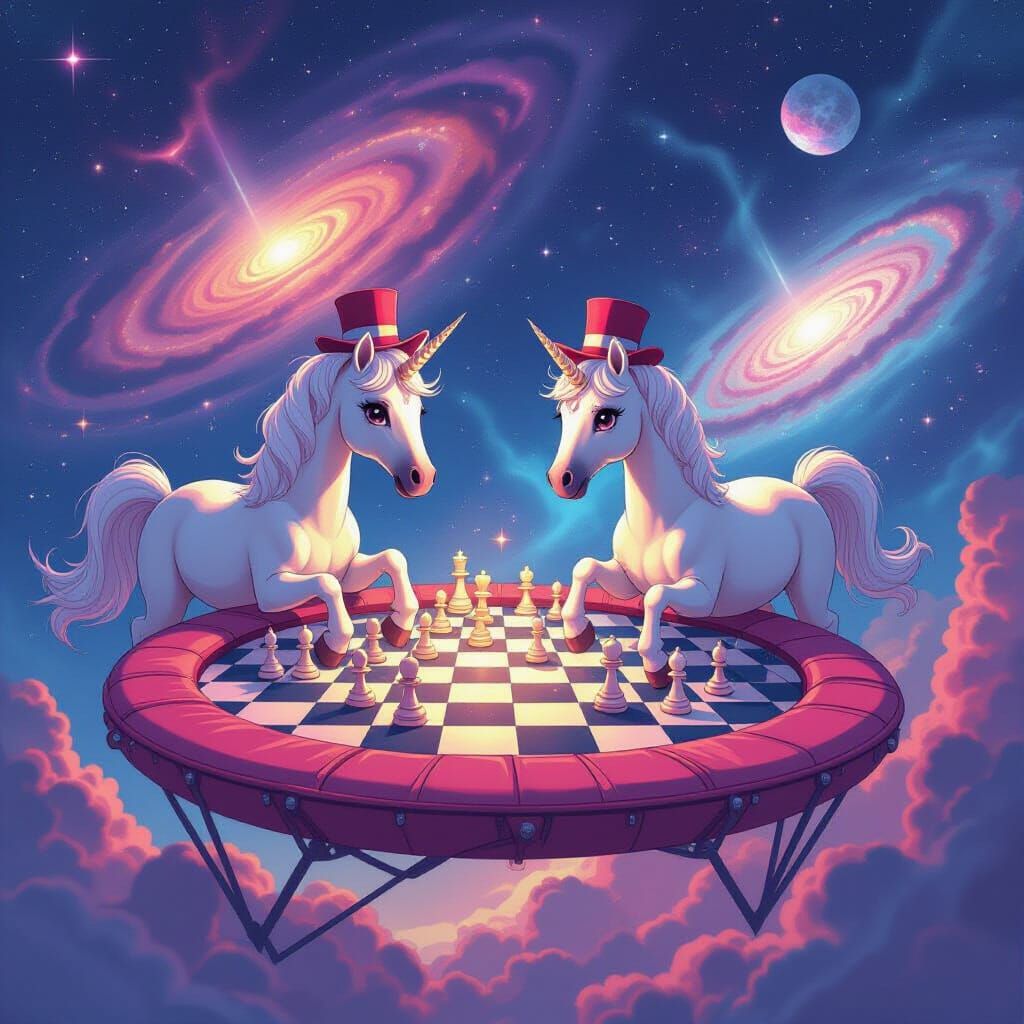 Horse Chess on Cosmic Trampoline in Anime Style