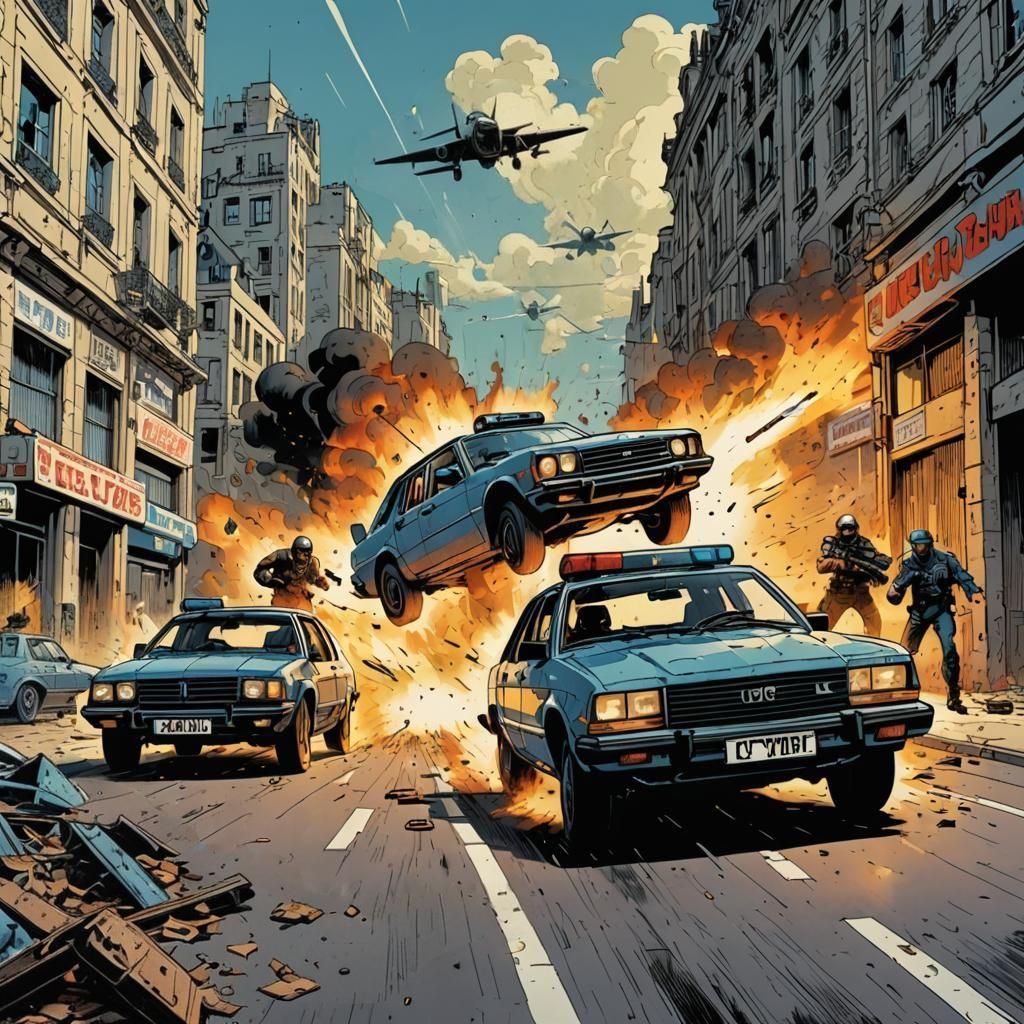 1980s France Car Chase in Comic Book Style