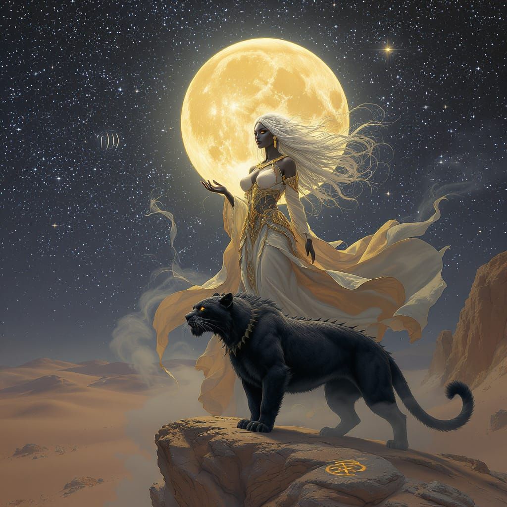 Desert Moon Goddess with Panther in Ethereal Mist