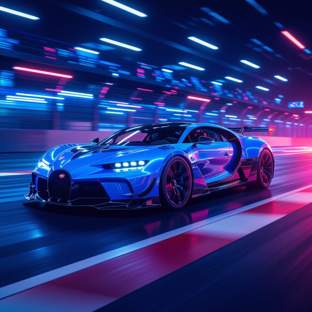 Blue Bugatti Speeds on Futuristic F1 Track in Hyperrealistic...