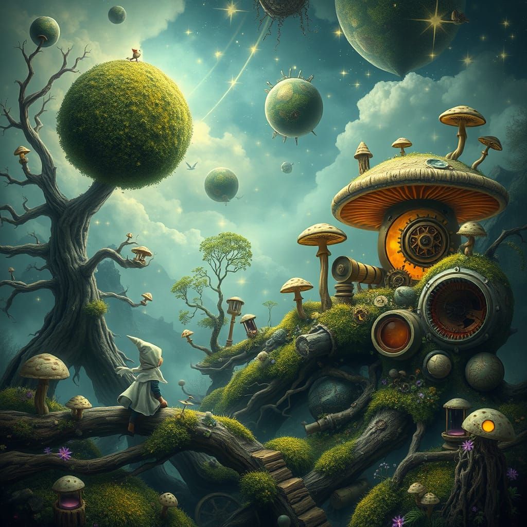 Mystical Traveler Explores Dreamlike Asteroid Landscape