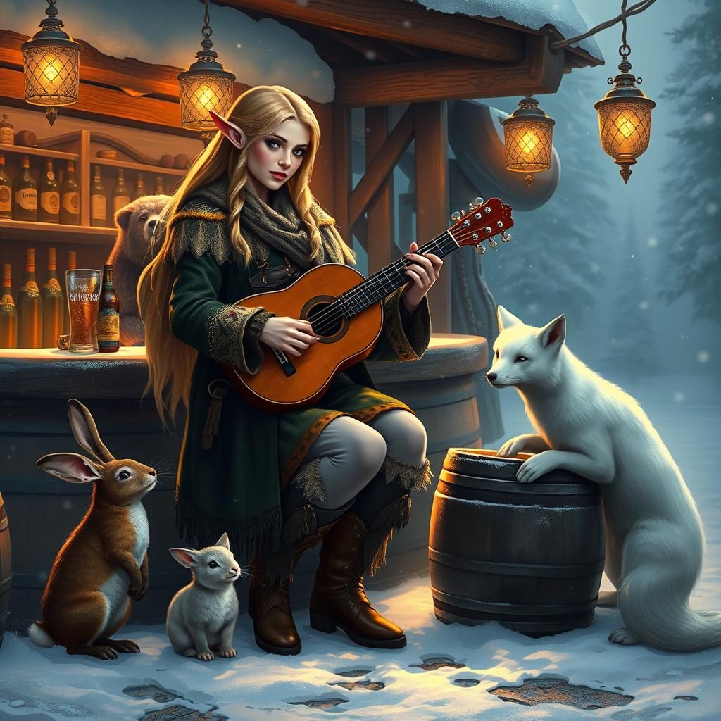 Elven Bartender's Winter Song in a Fantasy Tavern