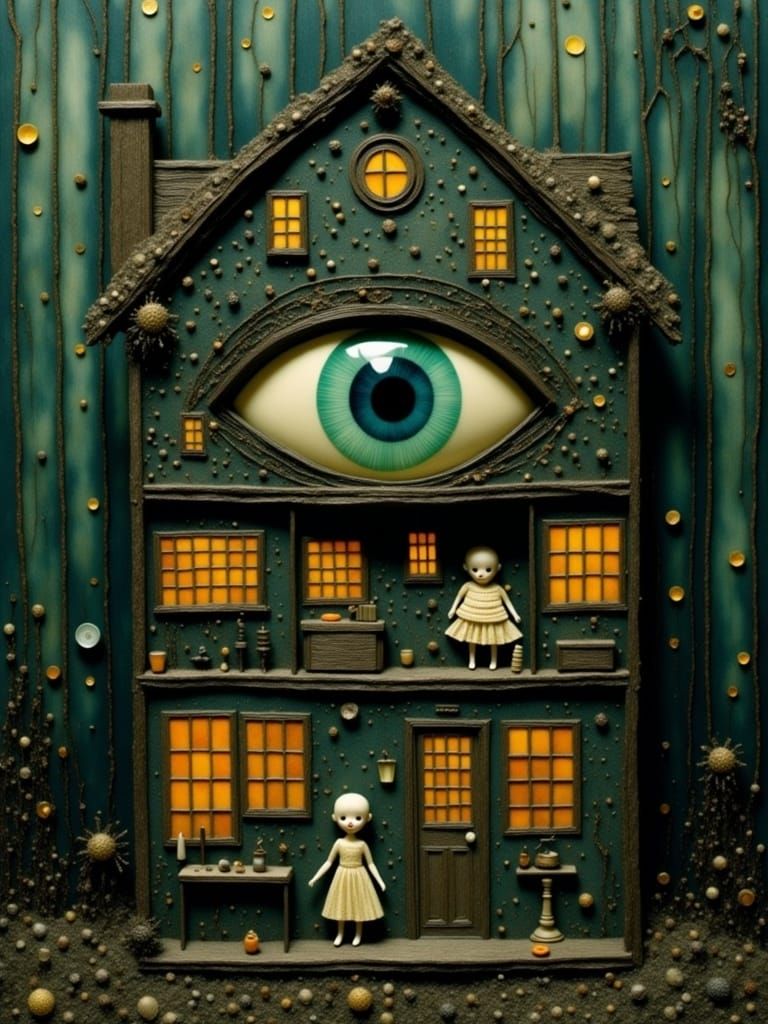 Luminous Ghost Dolls in Miniature Dollhouse Watched by Giant...