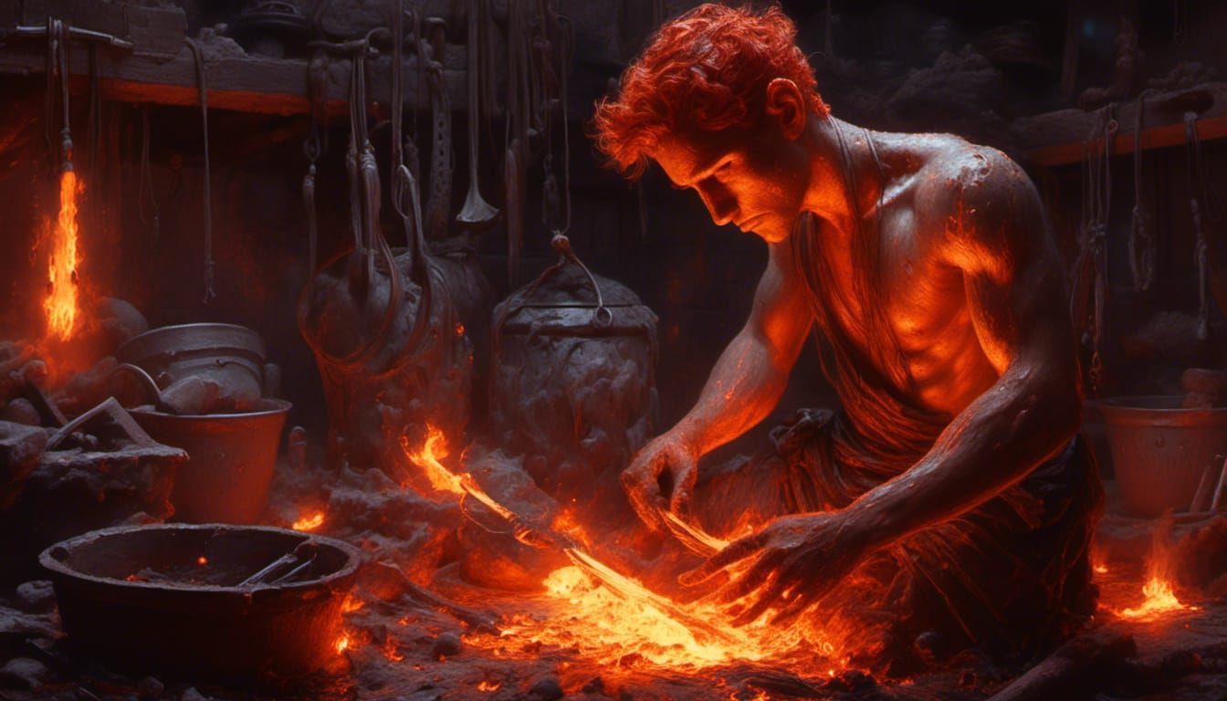 Fire Genasi forging a blade