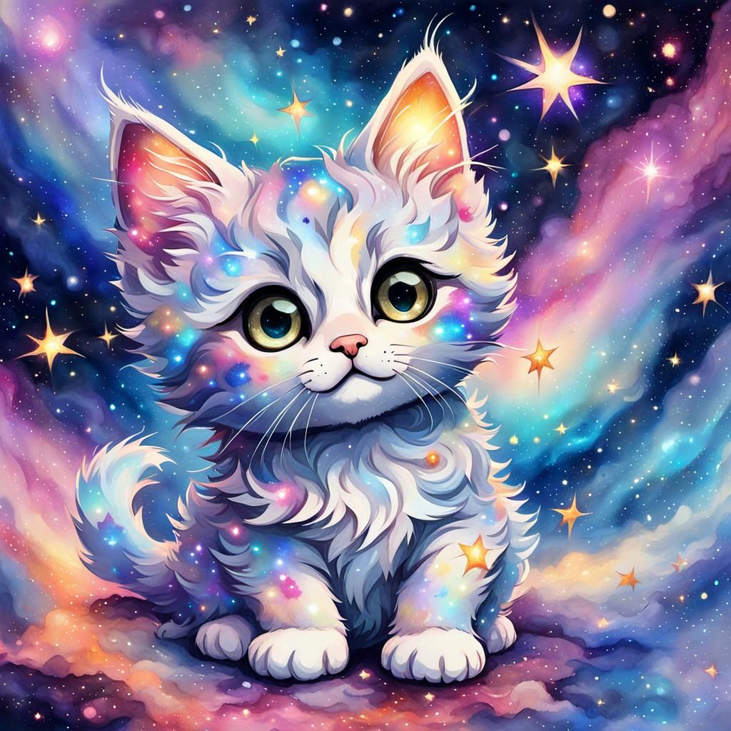 Sparkling Chibi Kitten in Watercolor Galaxy
