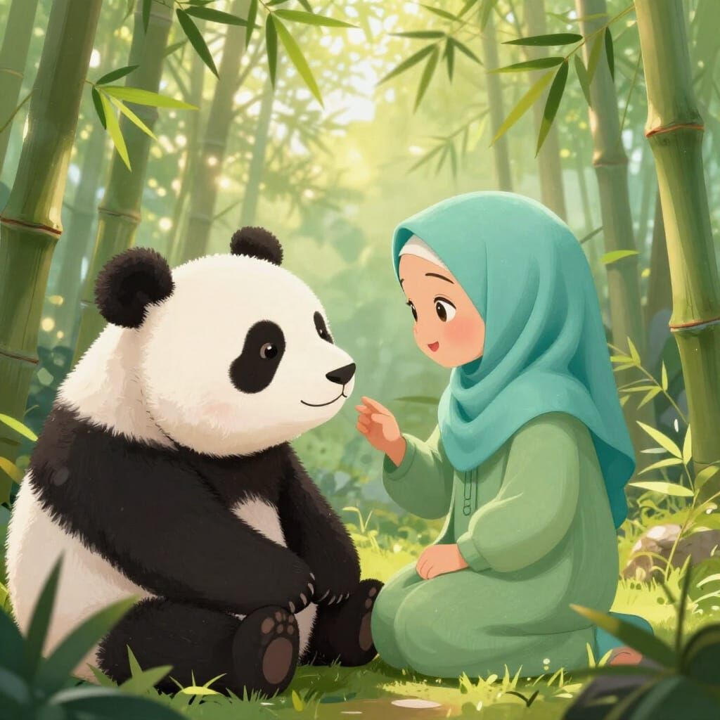 Hijabi Girl Shares Moment with Gentle Panda in Bamboo Forest