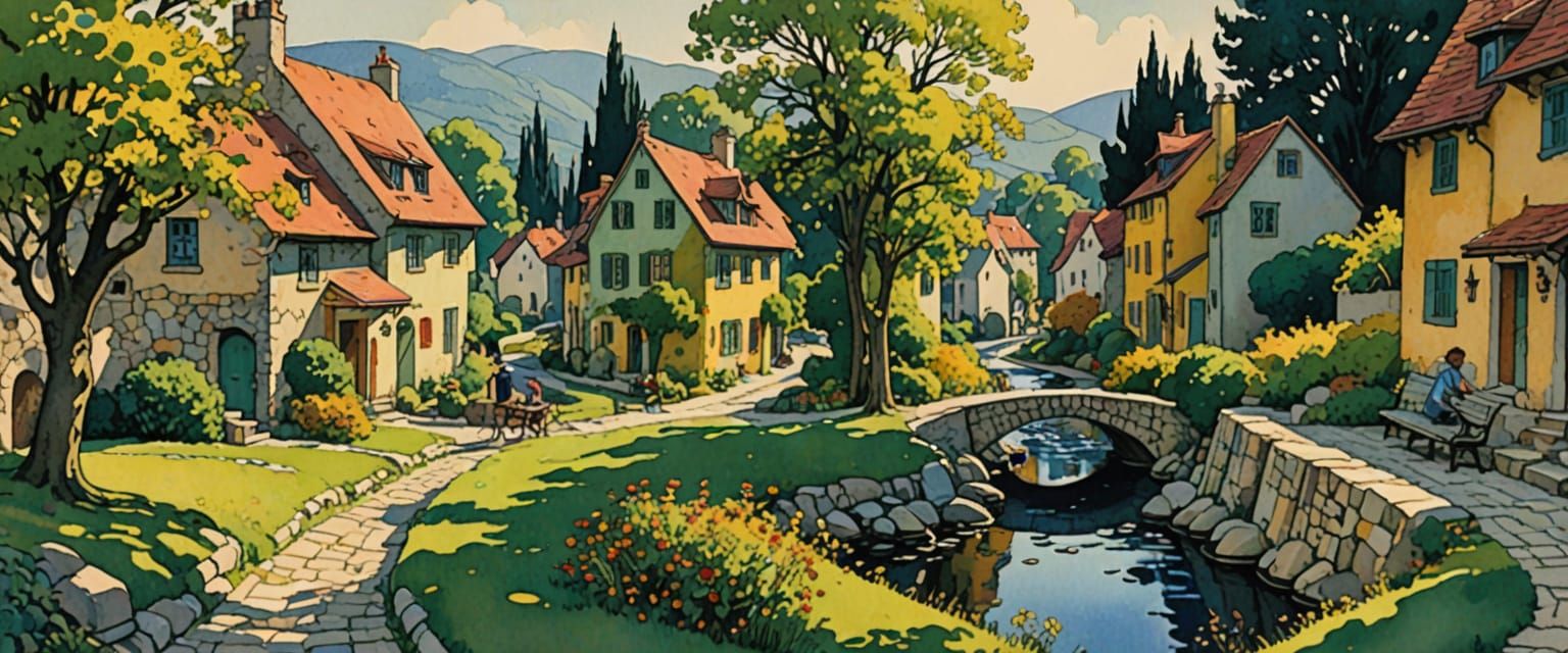 Bucolic Arts Colony in Comic Book Style