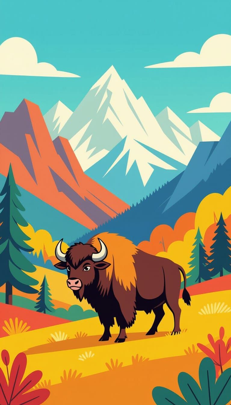 Buffalo in Landscape: Cartoon Style Illustration