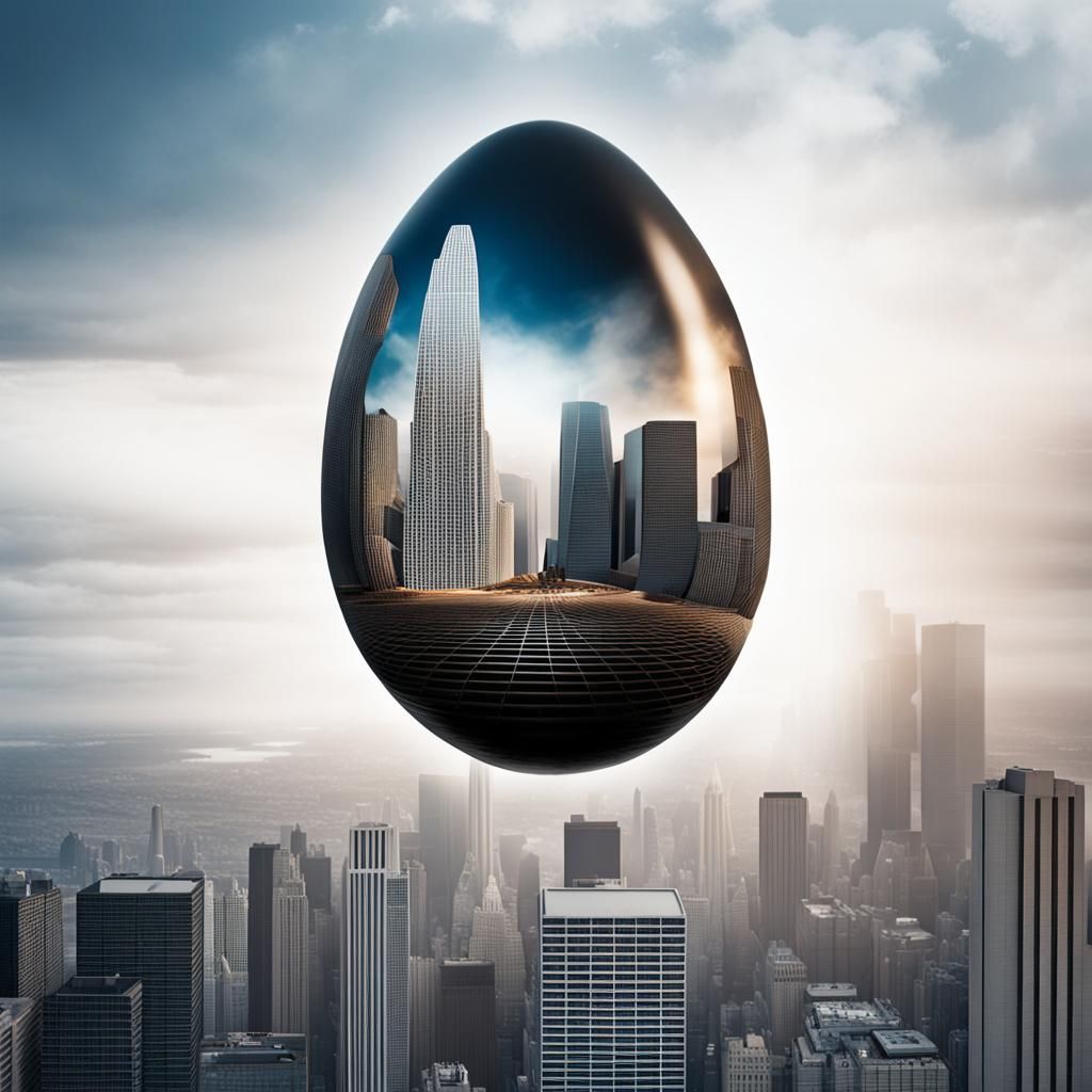 Surreal Egg Reflects Dimensional Cityscape