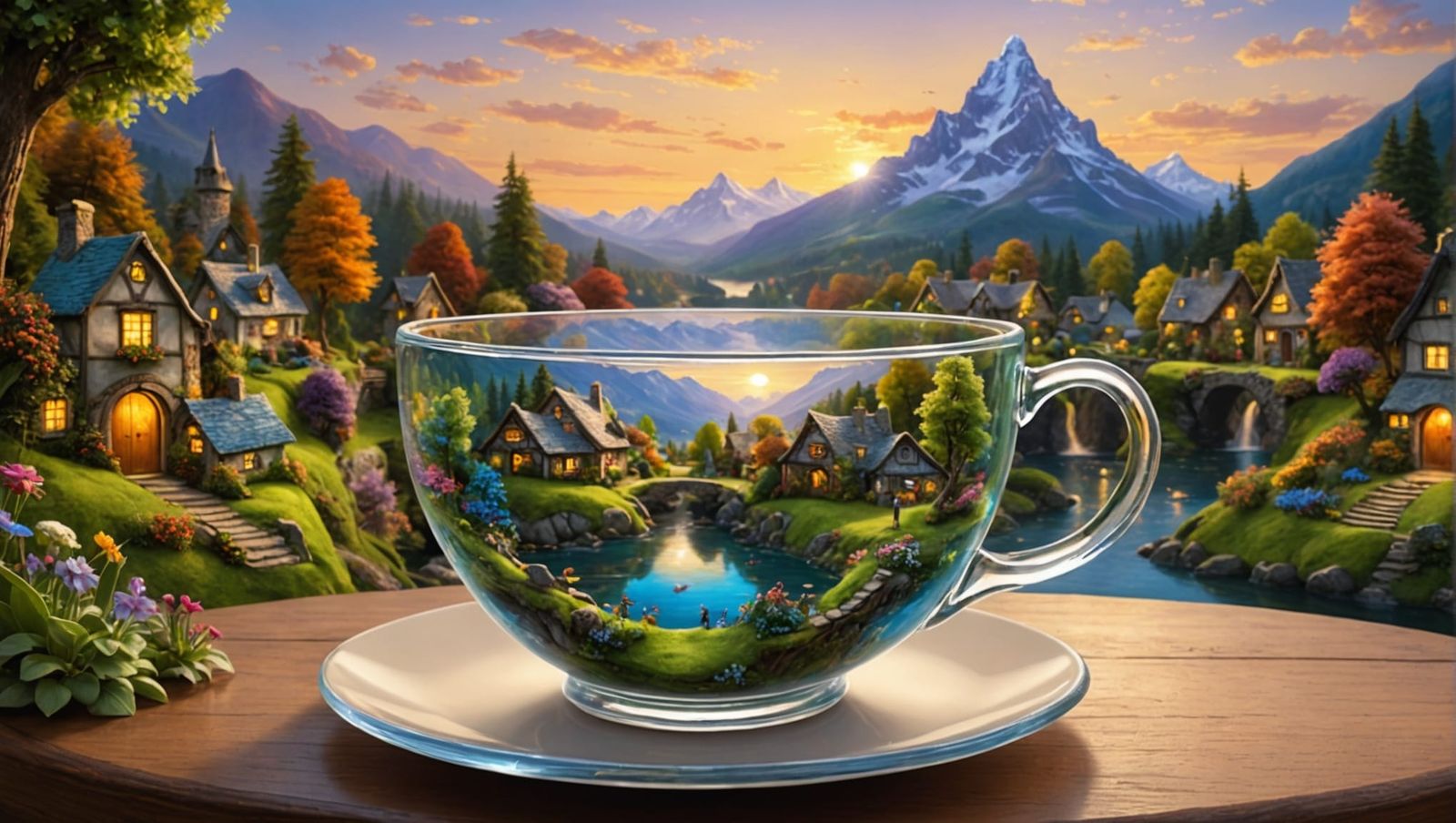 Fairytale Village Inside Teacup, Impressionist Painting
