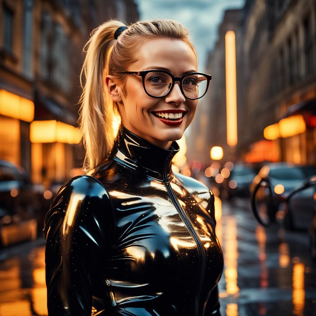 Rain-Soaked Woman in Latex Outfit with Sunset Glow