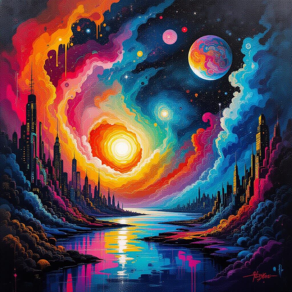 Swirling Intergalactic Scene in Graffiti Art Style