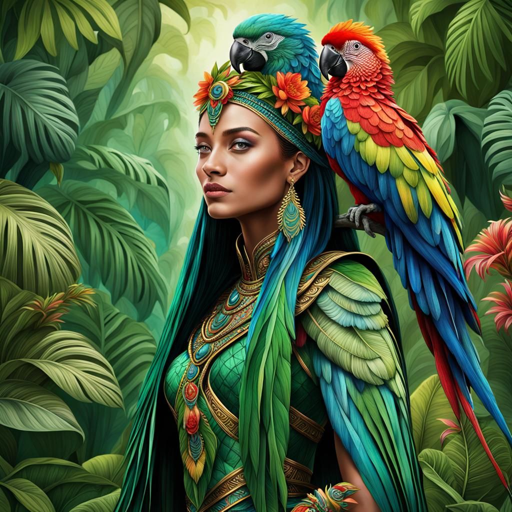 A woman adorned with vibrant feathers, a majestic parrot perched on her head