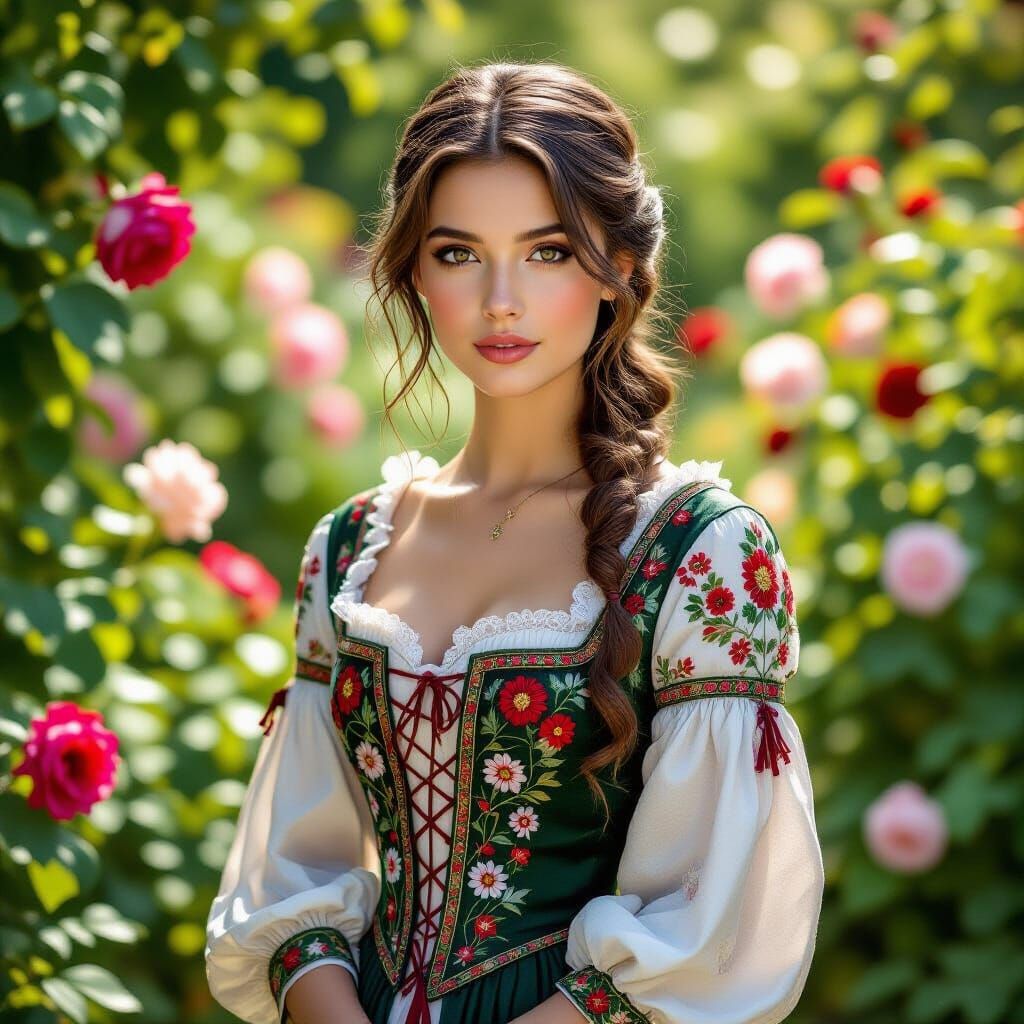 Medieval Woman in Rose Garden: Photorealistic Portrait