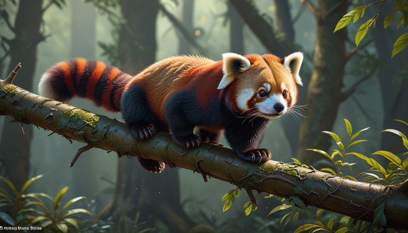 Red Panda on Branch: Detailed Digital Painting