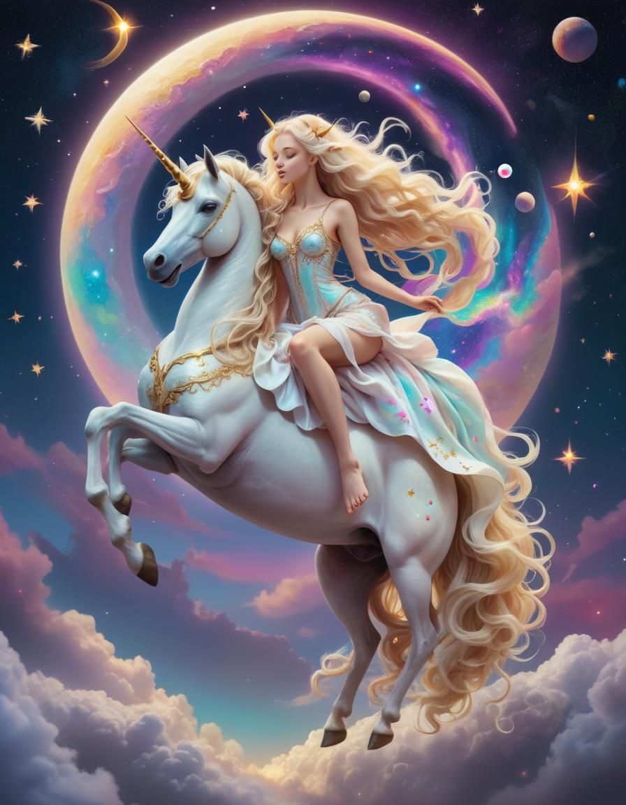 Blonde Goddess Riding Unicorn Over the Moon 🦄🌙