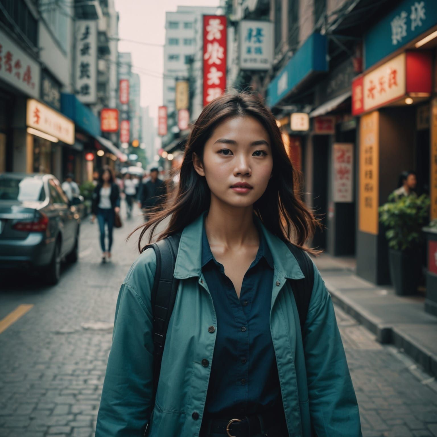 Beautiful Asian Girl Walking: Cinematic Film Still