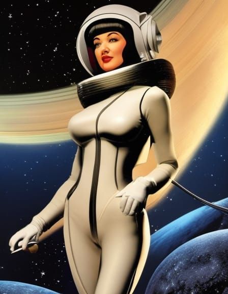 Retro Sci-Fi Pin-Up in Spacesuit on Moon