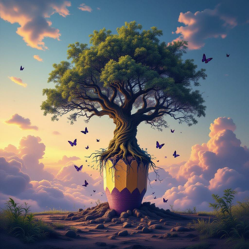 Ancient Tree Grows From Giant Pencil, Surreal Fantasy Art