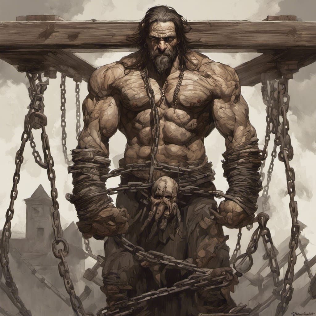 Sinister Wooden Stone Goliath Bound in Chains