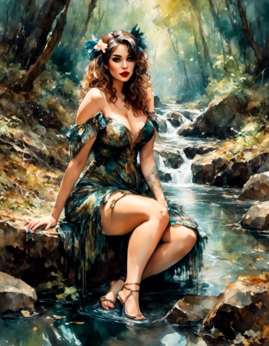 Nymph in Stream: Gouache and Watercolor Portrait