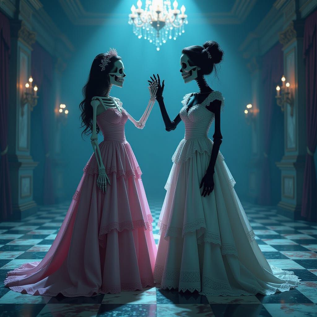 Skeleton Prompts Zombie Girl in Gothic Ballroom