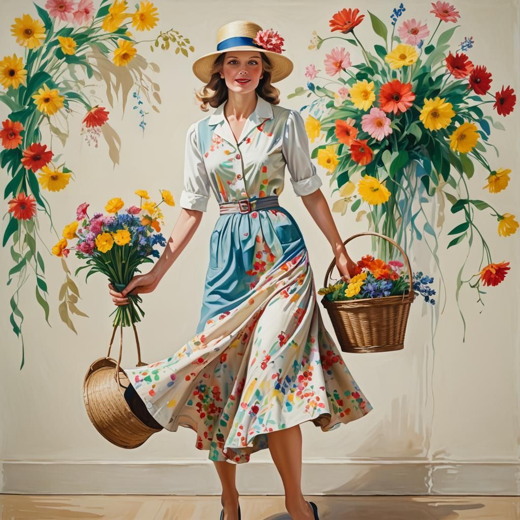 1930s Woman with Flowers, Hyper-Realistic Portrait