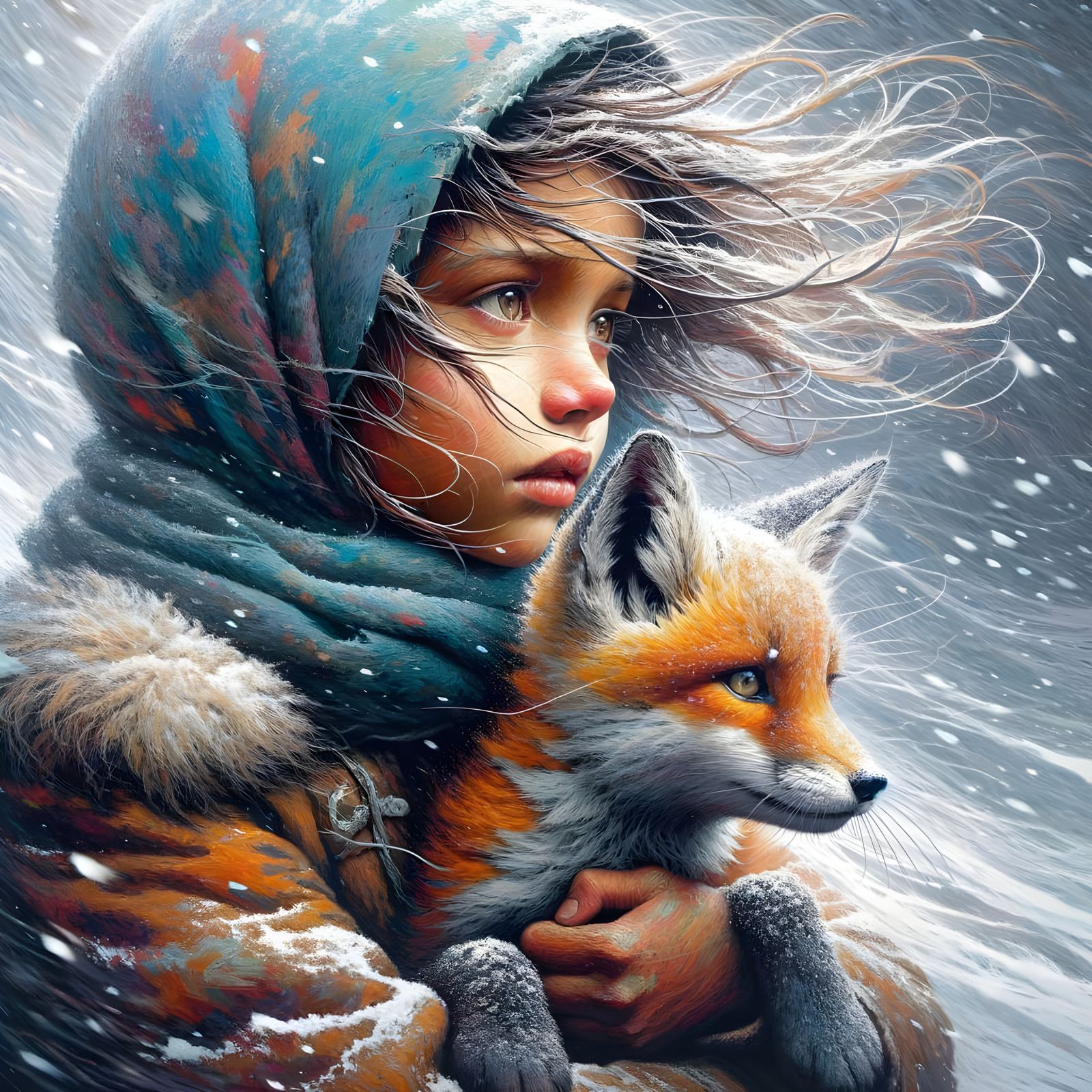 Girl Holds Fox Kit in Swirling Snowstorm