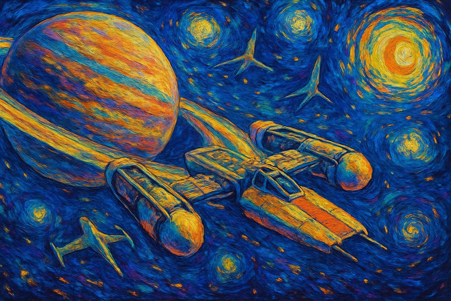 Y-Wings Over Gas Giant in Van Gogh Style