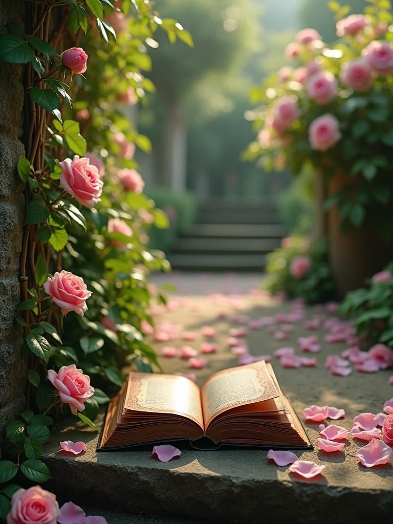 Vintage Book in Lush Garden with Soft Pink Tones