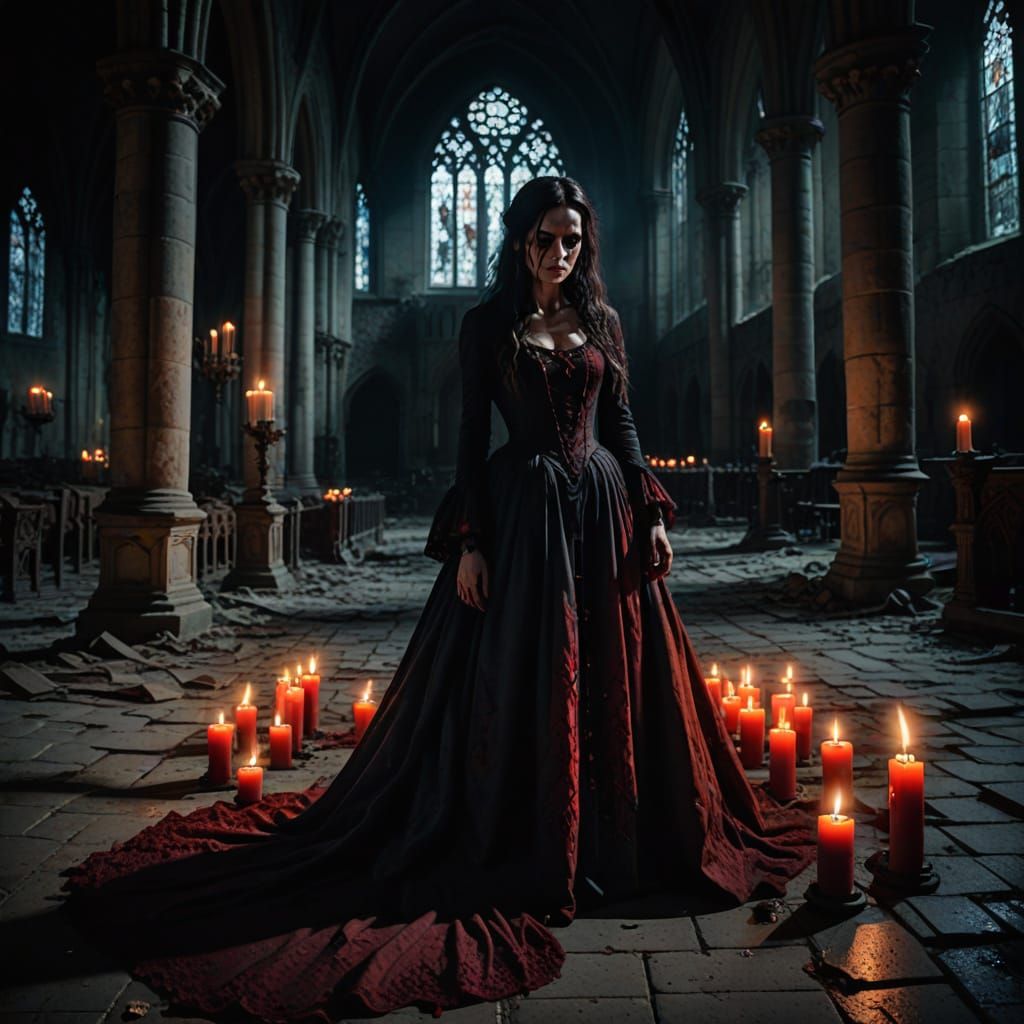 Ethereal Gothic Woman in Abandoned Cathedral with Lit Candle...