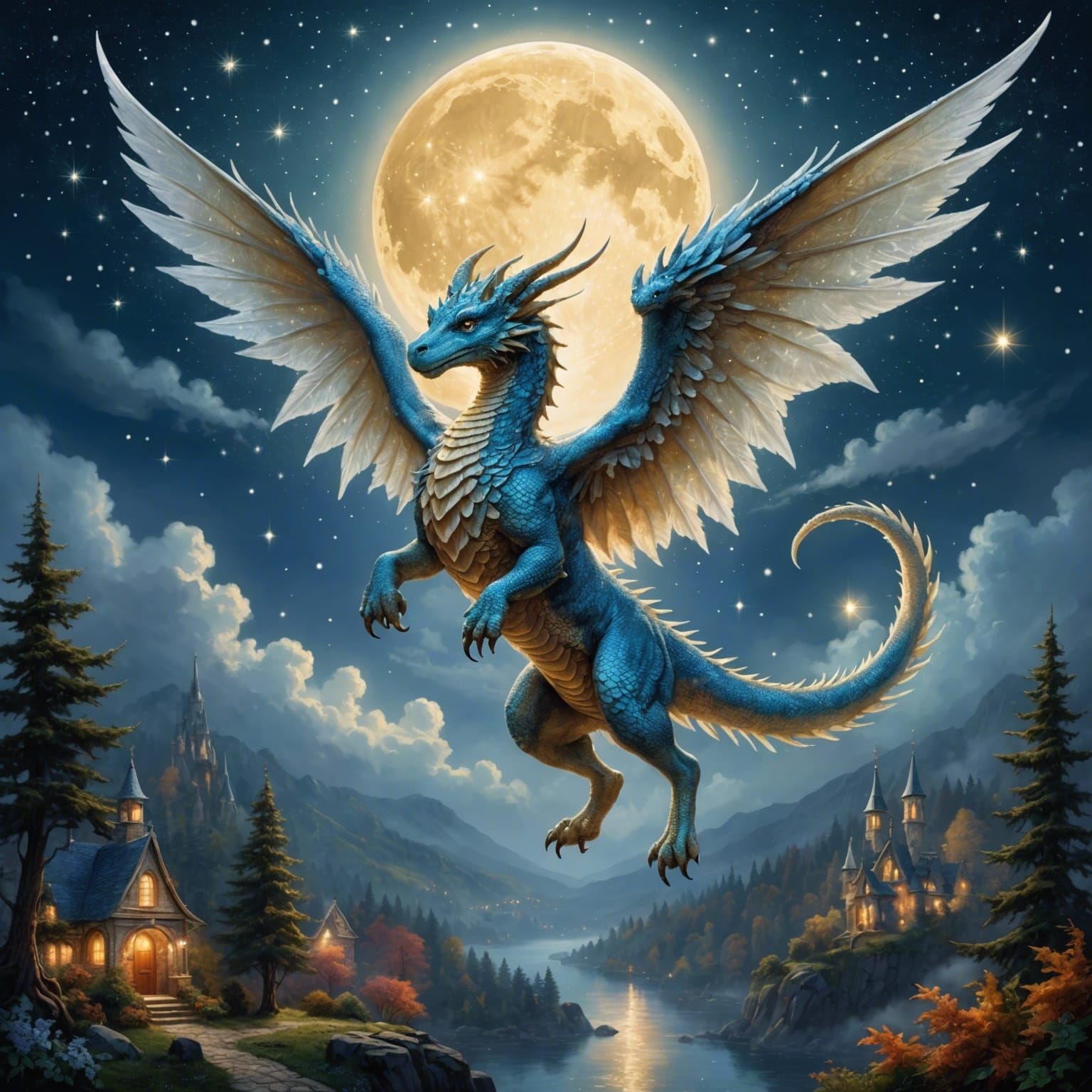 Angel Dragon Flying Under Starry Moon