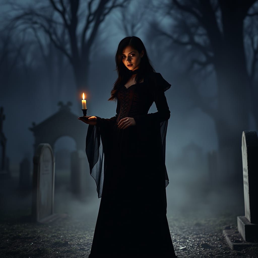 Vampire Woman in Cemetery with Chiaroscuro Lighting