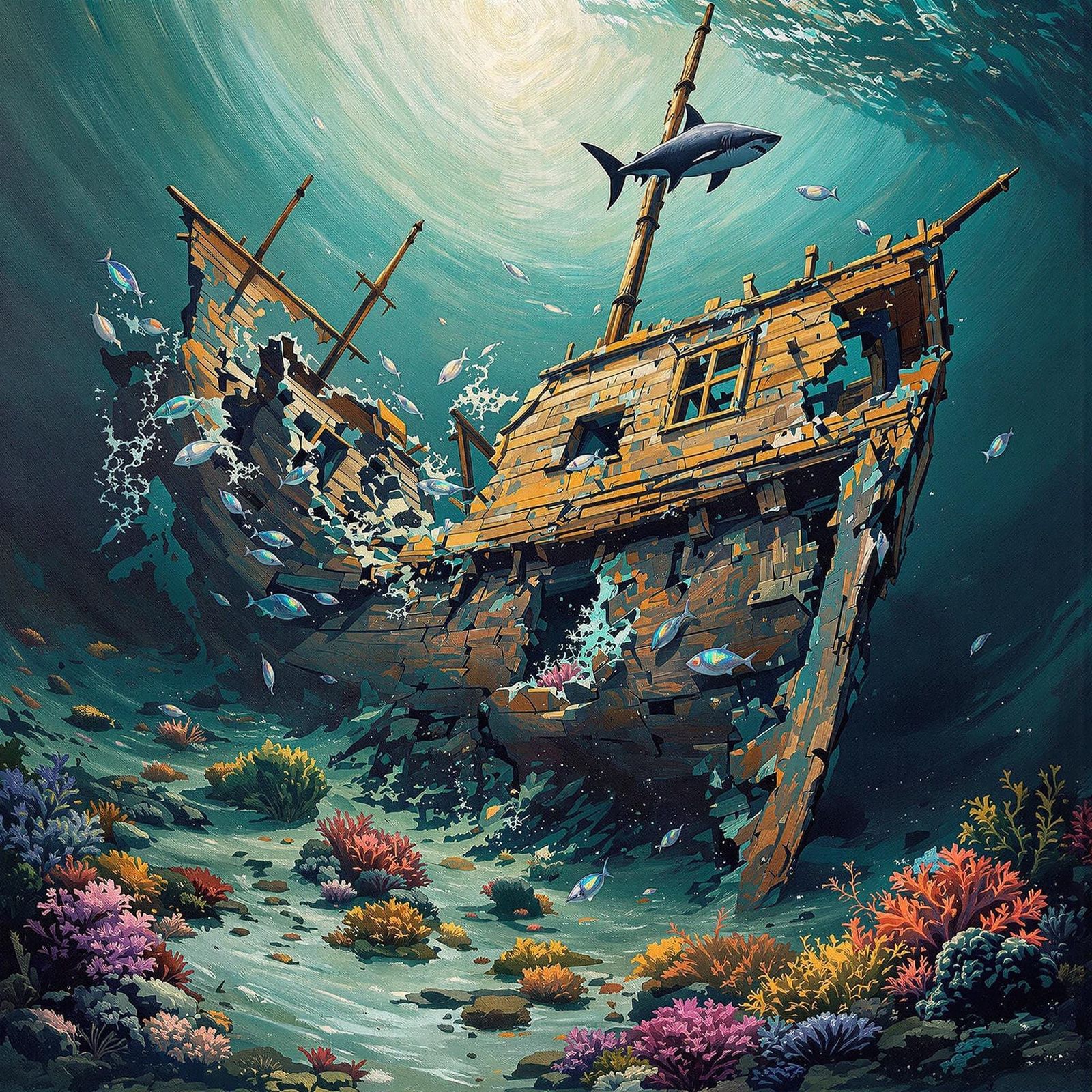 Van Gogh-Inspired Warship Wreck in Turbulent Ocean