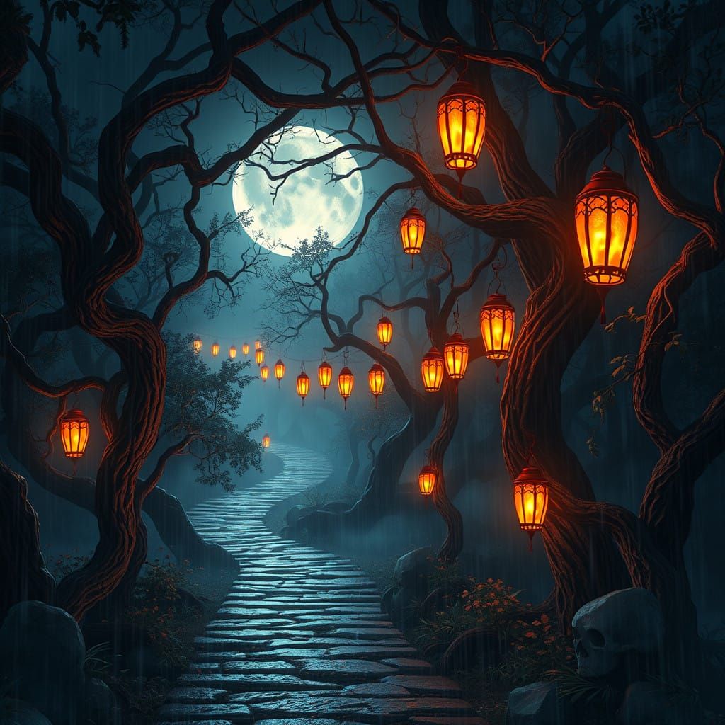 Mystical Moonlit Forest Path in a High-Fantasy Style