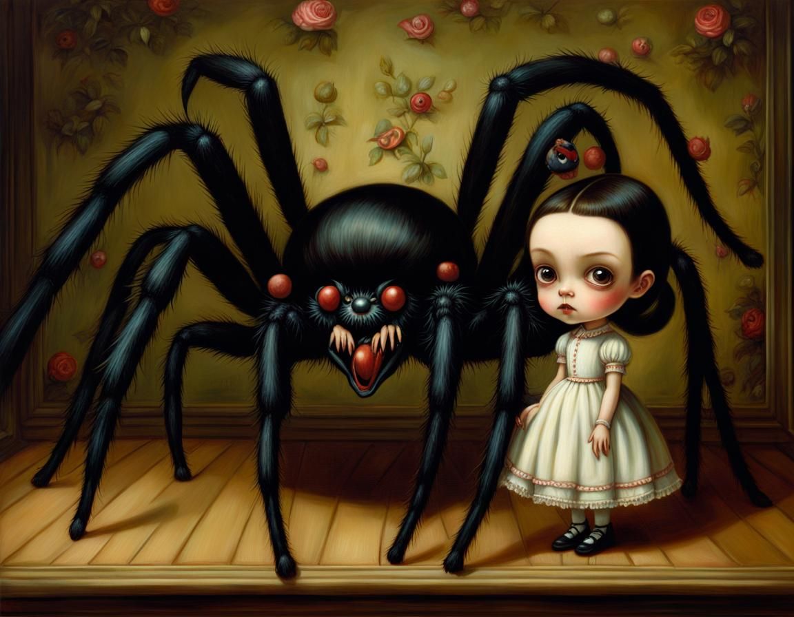 Girl Scolds Spider in Lowbrow Art Style