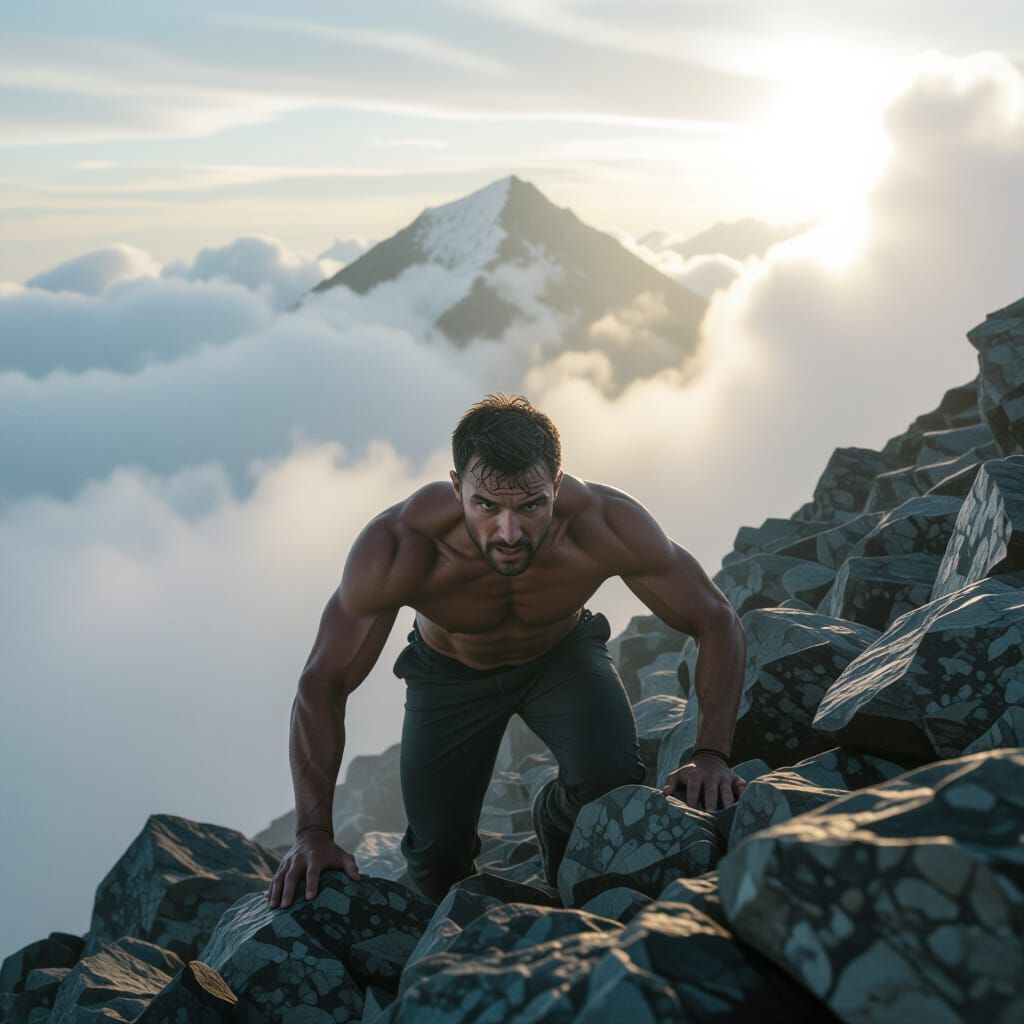 Man Ascends Misty Mountain Towards Golden Summit