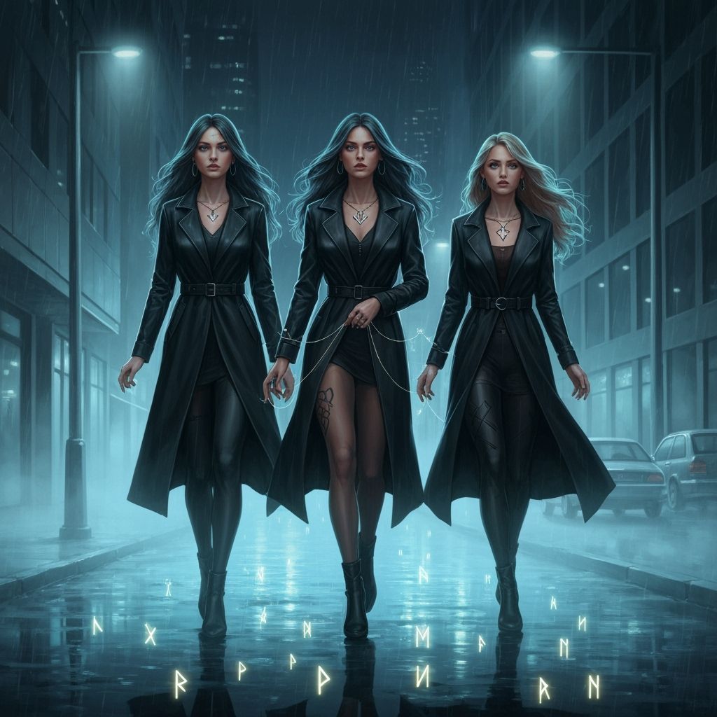 Mysterious Women in Misty City with Glowing Runes