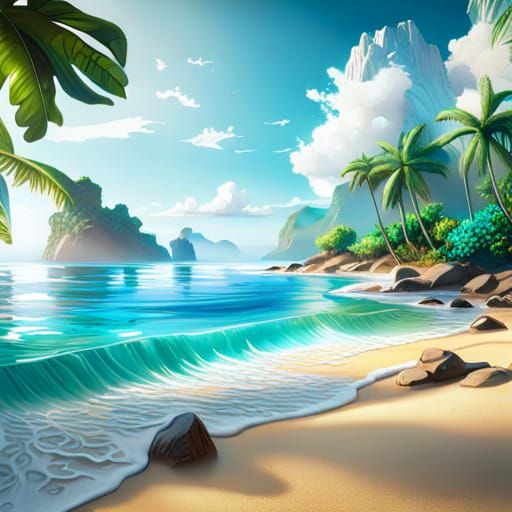 Tropical Beach Scene with Colorful Jungle Art