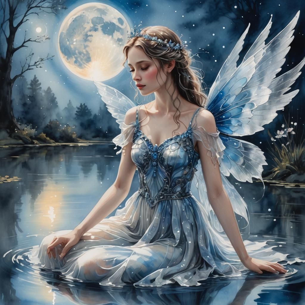 Ethereal Fairy Reflects in Moonlit Pond